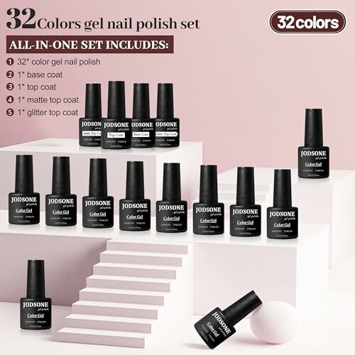 Set of 32 gel nail polishes with various top and base coats.