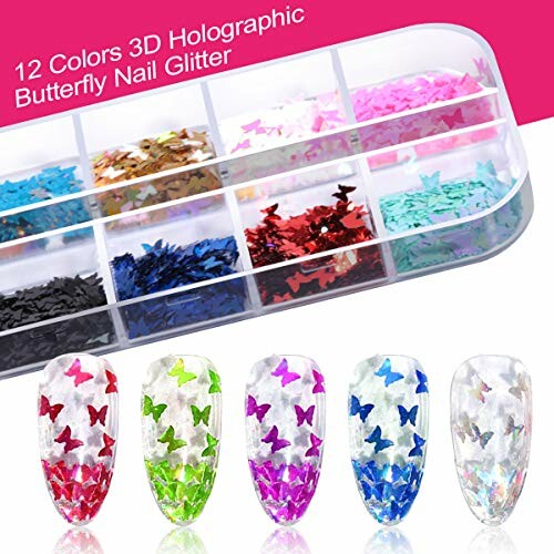 12 Colors 3D Holographic Butterfly Nail Glitter set with various colors displayed.