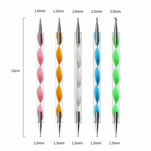 Nail art design created using dotting tools and liner brushes.