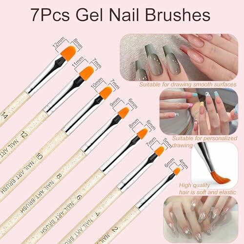 Set of 7 gel nail brushes with different sizes and nail art examples.