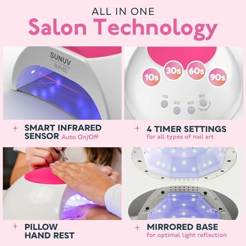 Collage of nail lamp features including smart sensor, timer settings, pillow rest, mirrored base.