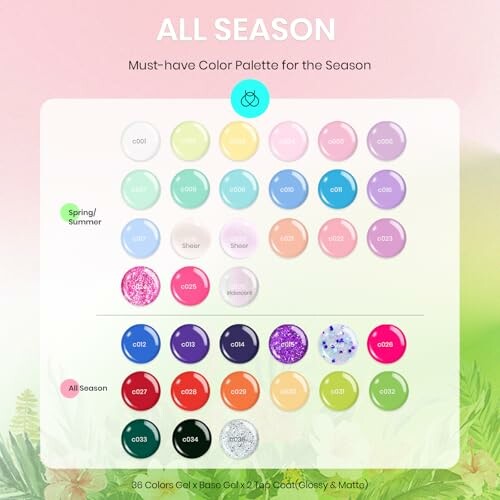 All season color palette with various gel colors for spring, summer, and all year.