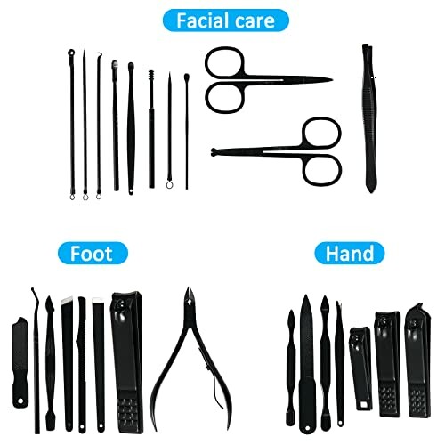 Black grooming tools set for facial care, foot, and hand.