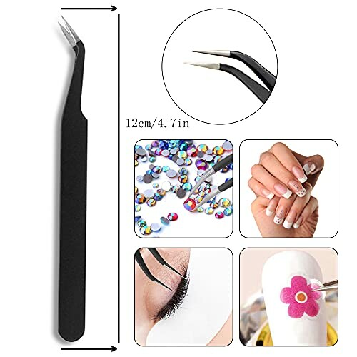 Black tweezers for nail art, bead placement, and eyelash application.
