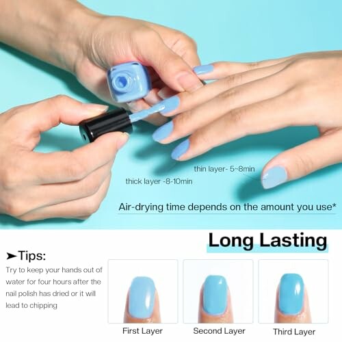 Applying blue nail polish with drying time tips.