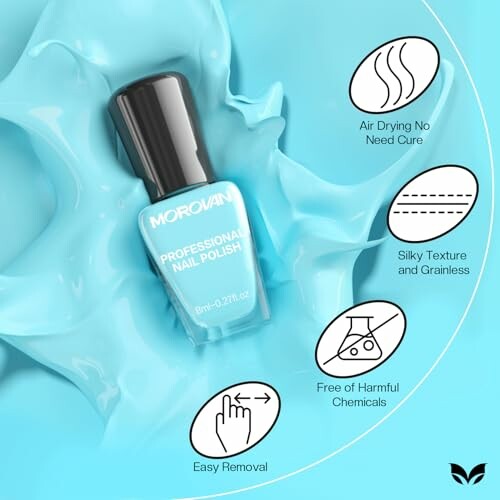 Blue nail polish with features: air drying, silky texture, easy removal, chemical-free.