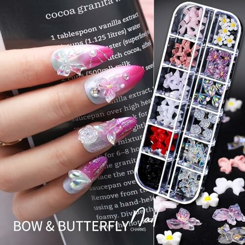 Nail art with butterfly and bow charms, and a selection of decorative nail accessories.