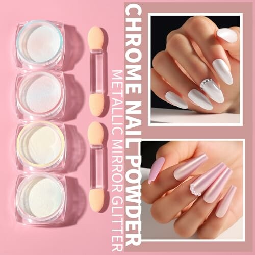 Chrome nail powder set with applicators and two nail designs.