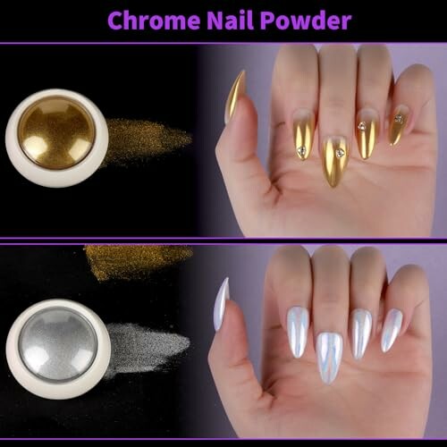 Hands with gold and silver chrome nails, powder containers shown.