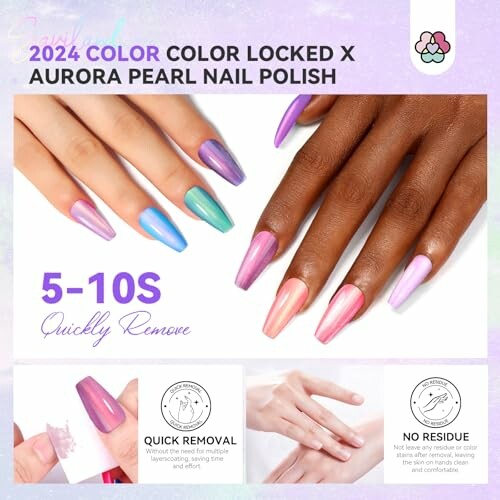 Hands displaying colorful aurora pearl nail polish options.