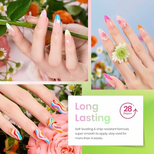 Various colorful nail art designs including floral and abstract patterns.
