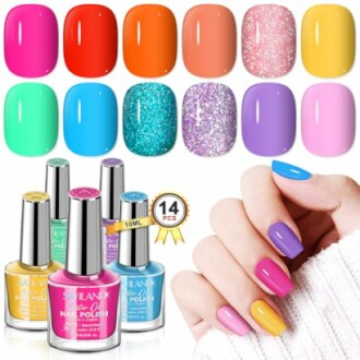 Colorful nail polish set with 14 vibrant shades and a hand with painted nails.