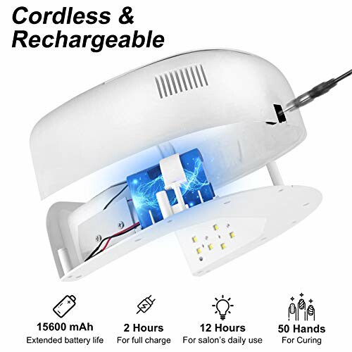 Cordless rechargeable nail lamp with LED lights and battery features.