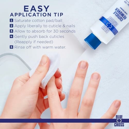 Instructions for applying cuticle remover with product bottle and hand.