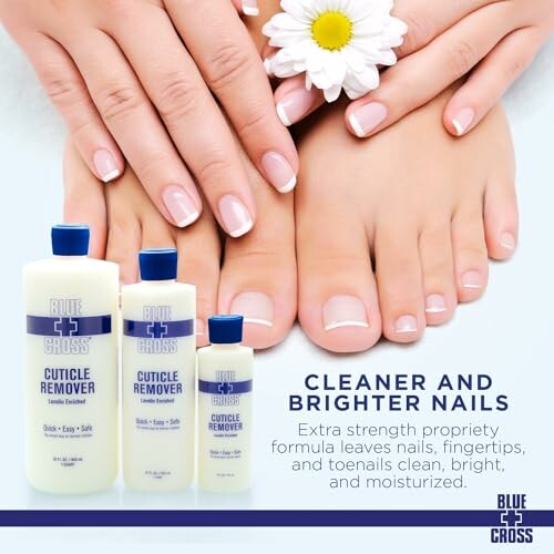 Hands with manicured nails and cuticle remover products.