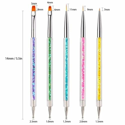 Set of five dual-ended nail art brushes with measurements.