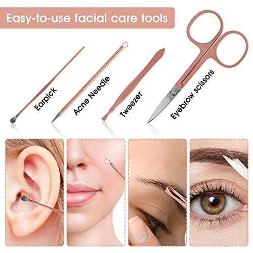 Set of easy-to-use facial care tools including earpick, acne needle, tweezer, and eyebrow scissors.
