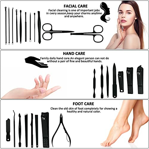 Facial, hand, and foot care tools with illustrations and descriptions.