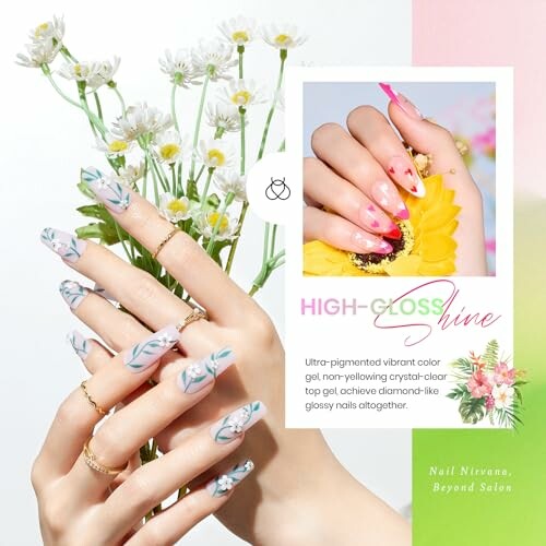 Hands with floral nail art holding daisies, promo for high-gloss nail shine.