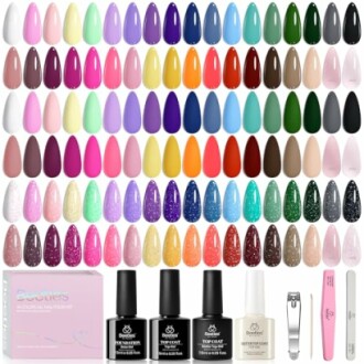 Assorted gel nail polish colors with manicure tools.