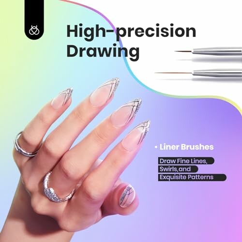 Hand with intricate nail art using liner brushes.