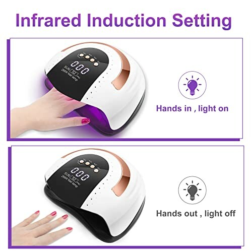 Infrared induction nail dryer activating light sensor with hands.