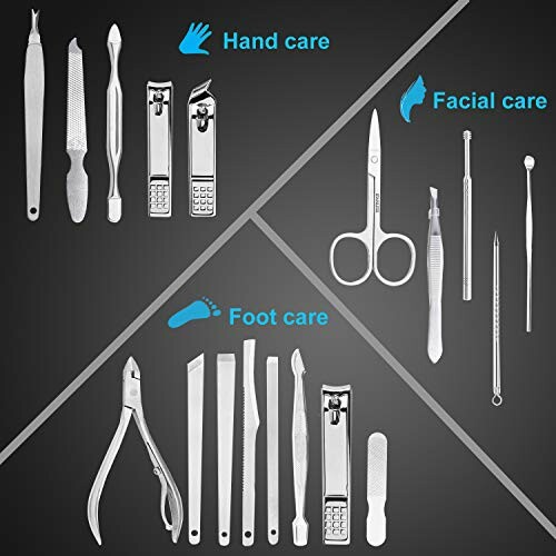Manicure and pedicure grooming tools for hand, foot, and facial care.