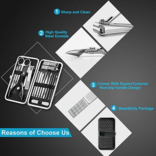 Manicure set featuring tools with sharp, durable steel, non-slip design, and sleek packaging.