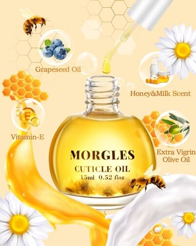 Morgles cuticle oil with ingredients like grapeseed oil, vitamin E, honey and milk scent, extra virgin olive oil.