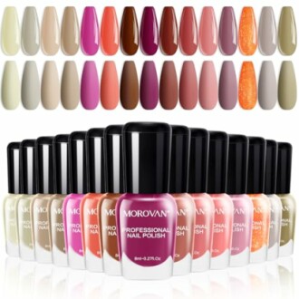 Morovan nail polish set with various colors displayed.