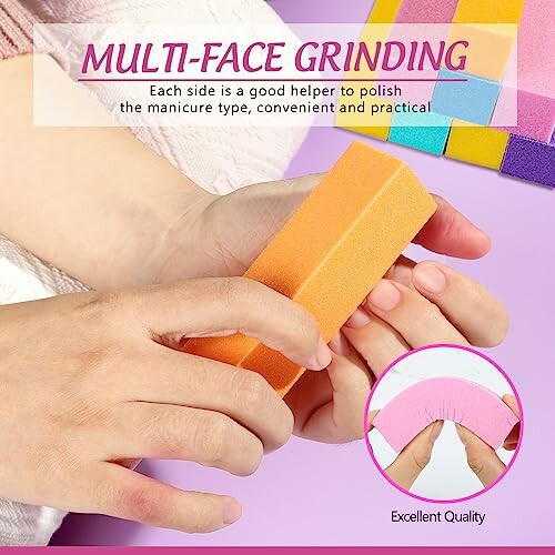 Hands using a multi-face nail buffer block with colorful sections.