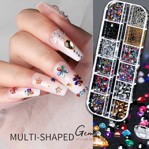 Decorative multi-shaped nail gems with colorful designs.