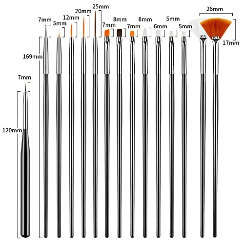 Set of nail art brushes with various sizes and shapes.