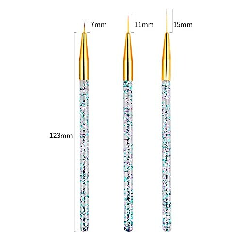 Set of three nail art brushes with different bristle lengths.