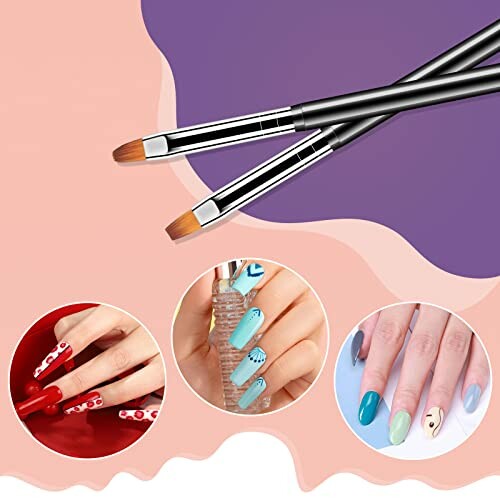 Nail art brushes with various nail designs displayed.