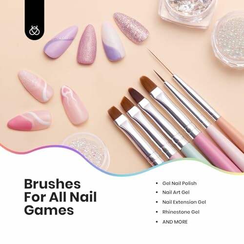 Nail art brushes and various gel nail polishes with decorative designs.