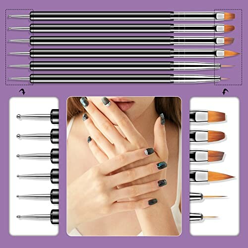 Nail art brushes and dotting tools with hand displaying painted nails.