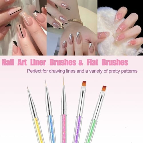 Nail art designs with liner and flat brushes.