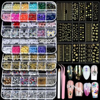 Nail art decoration kit with rhinestones, stickers, and tools.