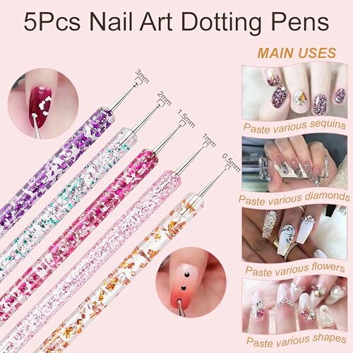 Five nail art dotting pens with various sizes and examples of use.