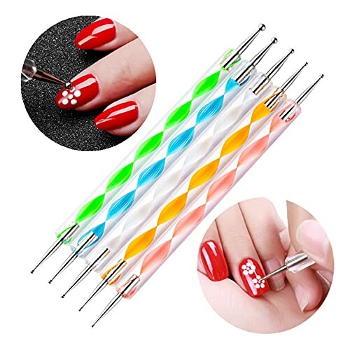 Colorful nail art dotting tools with nail design examples.