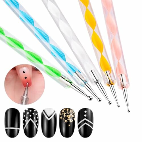 Nail art dotting tools with design examples.