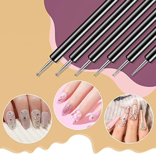 Nail art dotting tools with various nail designs.