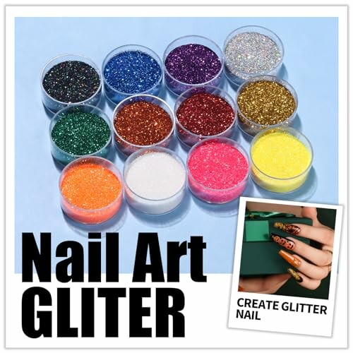 Assorted nail art glitter powders in various colors with a photo of glittery nails.