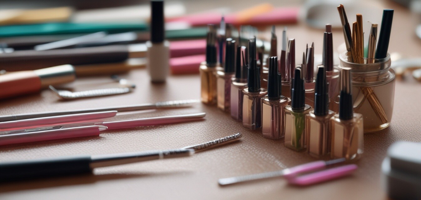 Nail art tools and colorful designs arranged on a table