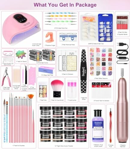 Contents of a nail art kit including tools, gel polishes, UV lamp, and accessories.