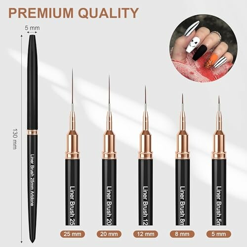 Set of six liner brushes for nail art with varying tip sizes.