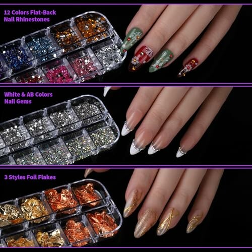 Hand with colorful nail rhinestones, gems, and foil flakes.
