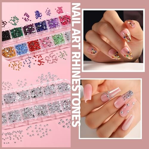 Assorted nail art rhinestones and manicured hands with designs.