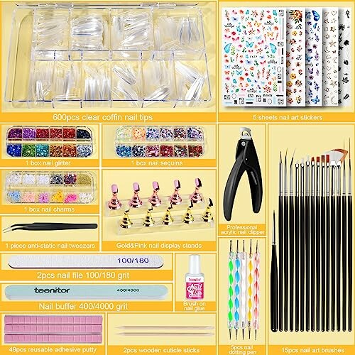 Comprehensive nail art supplies kit including coffin nail tips, stickers, glitter, sequins, charms, tweezers, display stands, clippers, dotting pens, files, and adhesive putty.